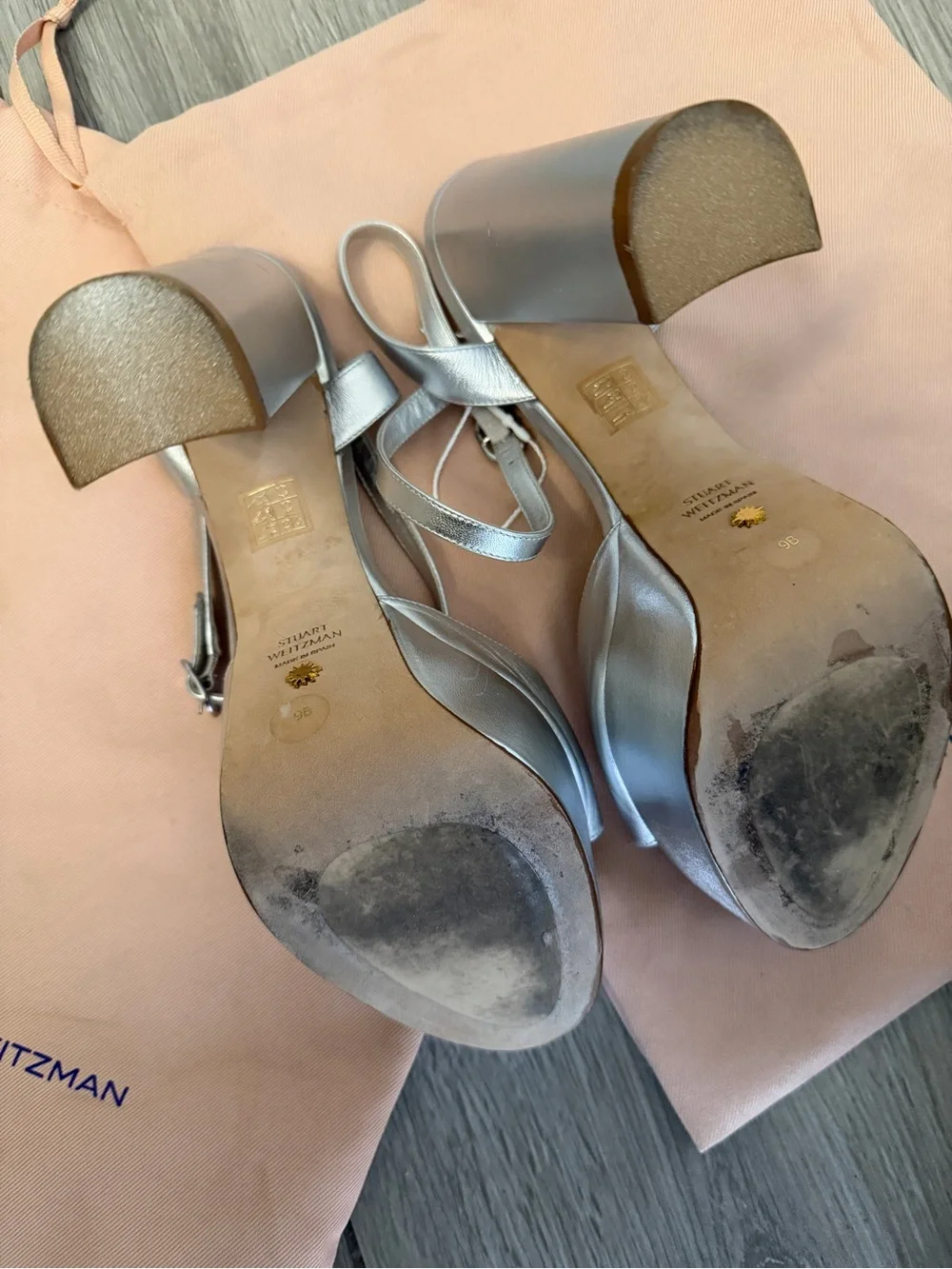 Stuart Weitzman Metallic Silver Platform Block Heel Sandals like new!!